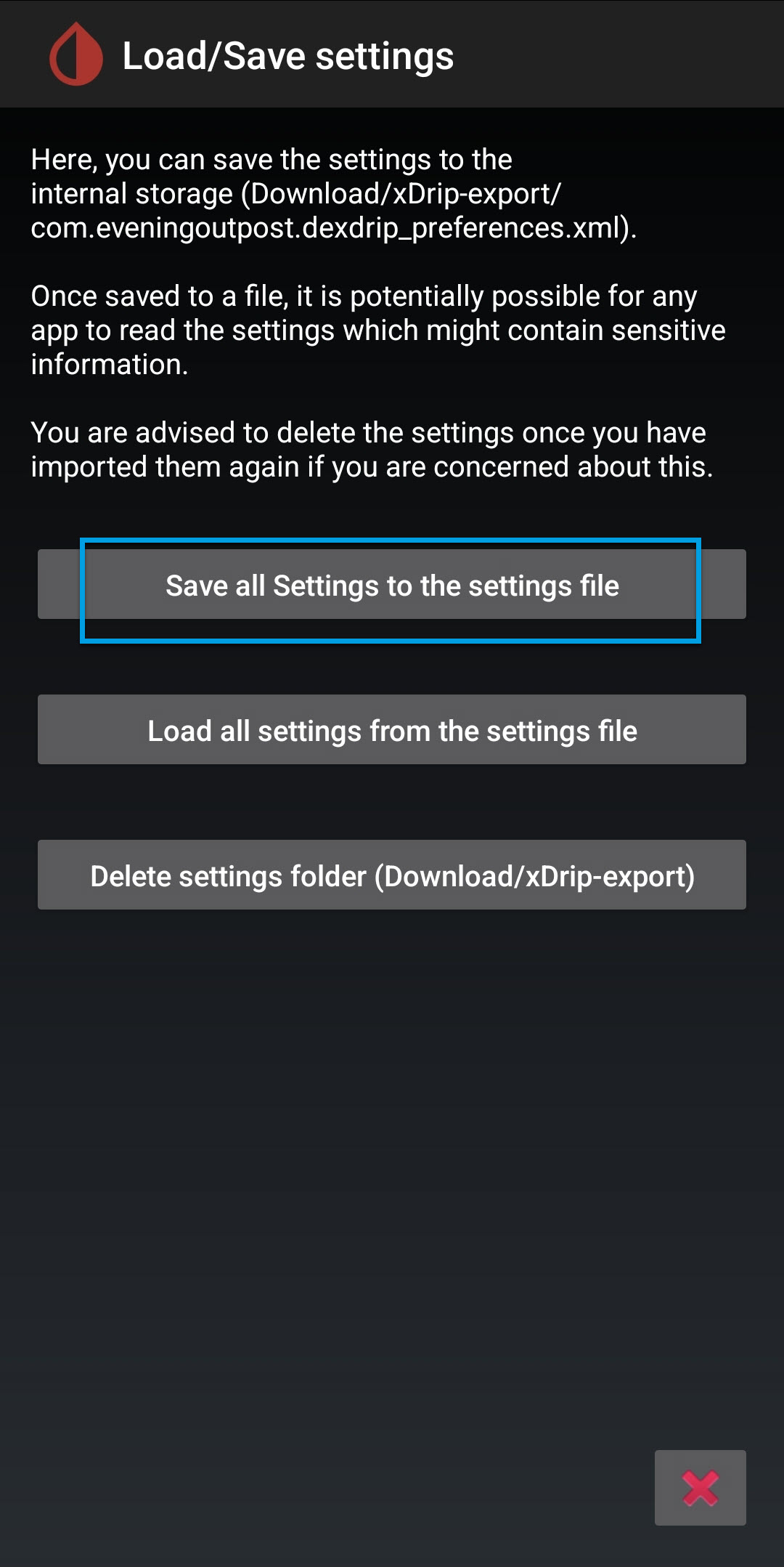 Save all settings to the settings file